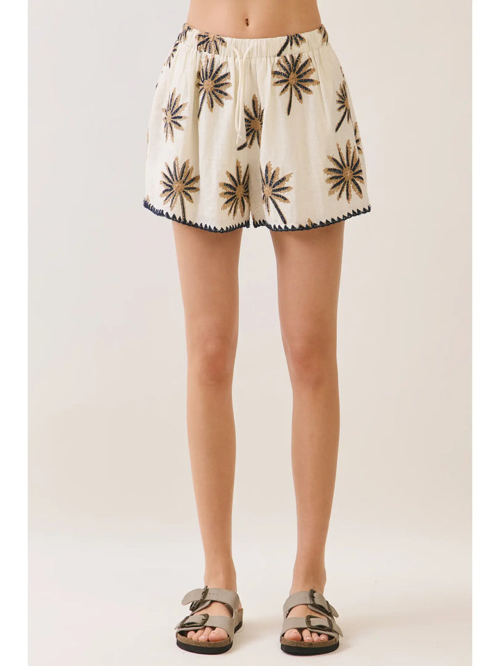 Palm Tree Embroidered Elastic Waistband Shorts