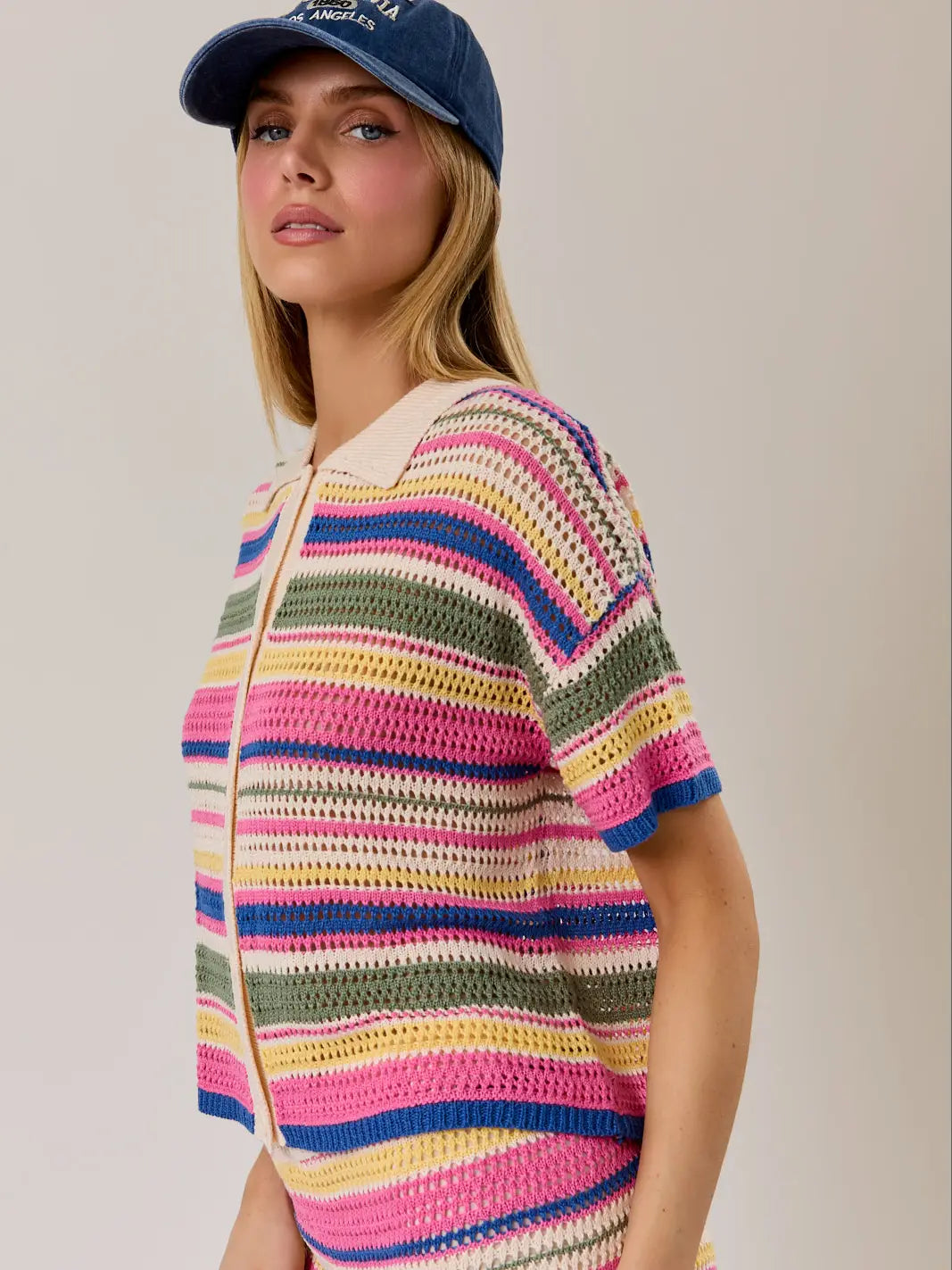 Collared Neck Stripe Crochet Button Down Top