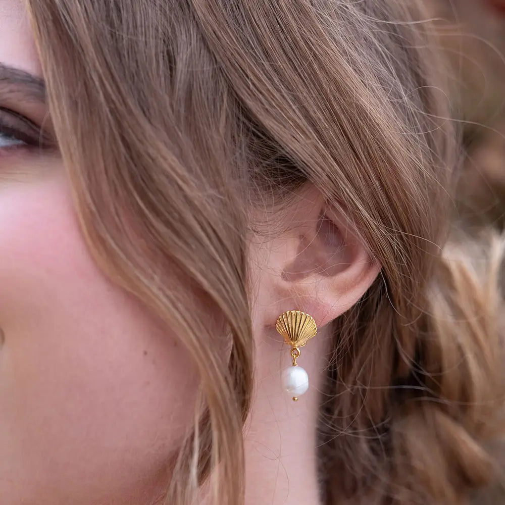 Shell and Pearl Stud Drop Earrings