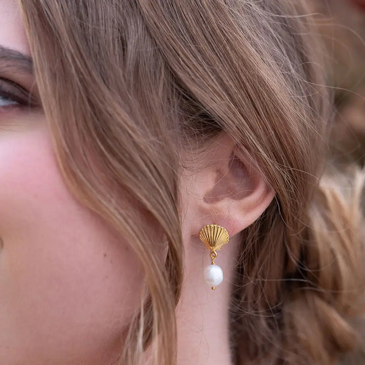 Shell and Pearl Stud Drop Earrings