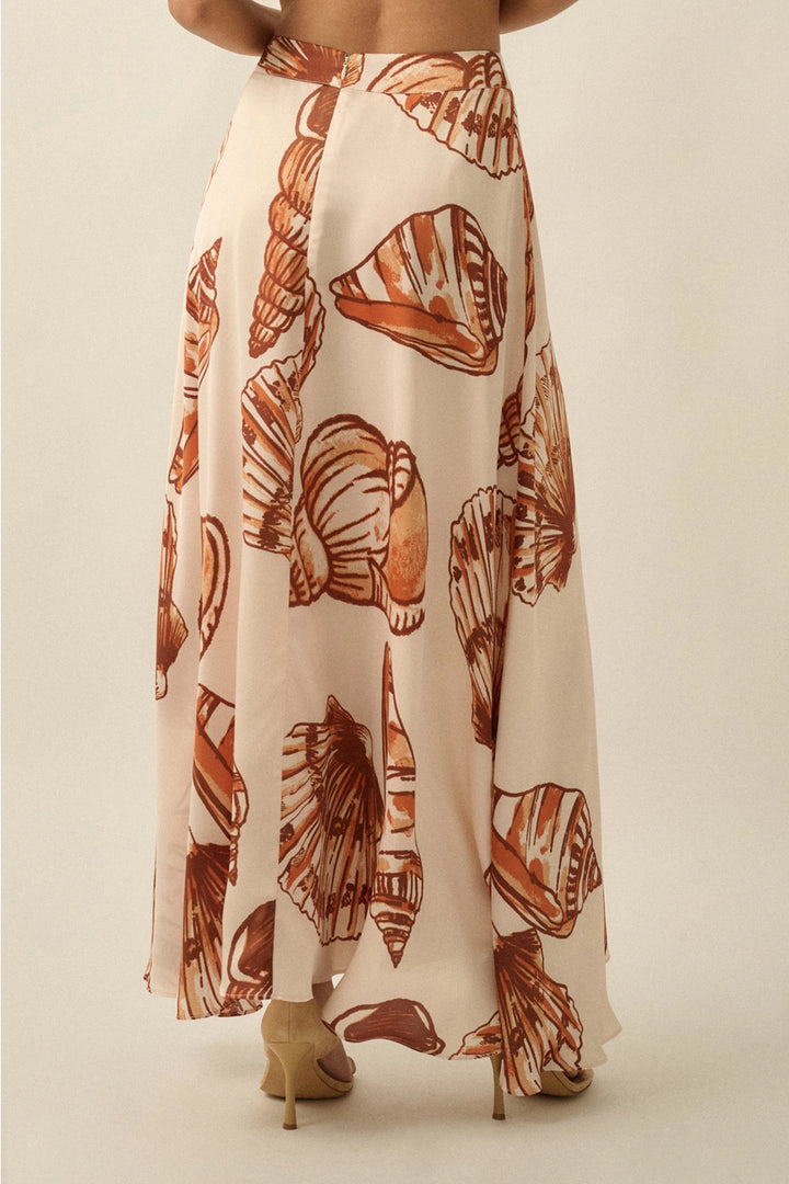 Seashell-Print Satin A-Line Maxi Skirt
