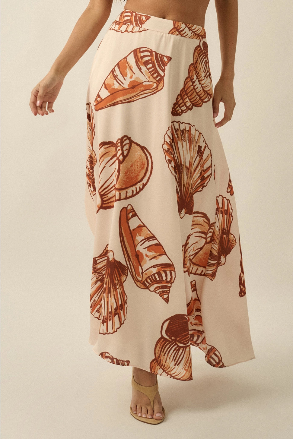 Seashell-Print Satin A-Line Maxi Skirt