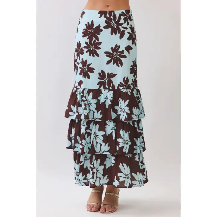Floral Print Tiered Ruffle Maxi Skirt