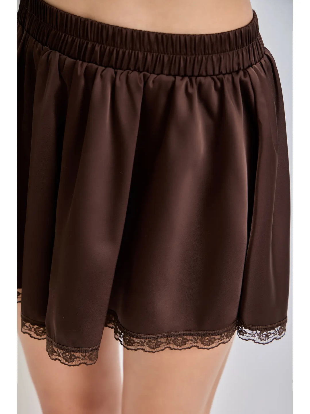 Lace Trim Elastic Waist Satin Mini Skort