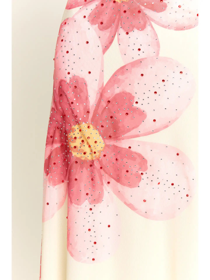 Mesh Floral Rhinestone Sleeveless Maxi Dress