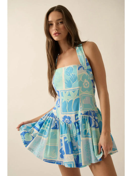 Tropical Floral-Print Halter Drop-Waist Mini Dress