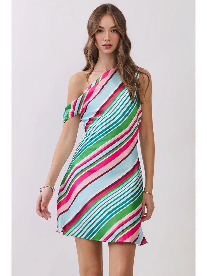 Multi Stripe One Shoulder Mini Dres