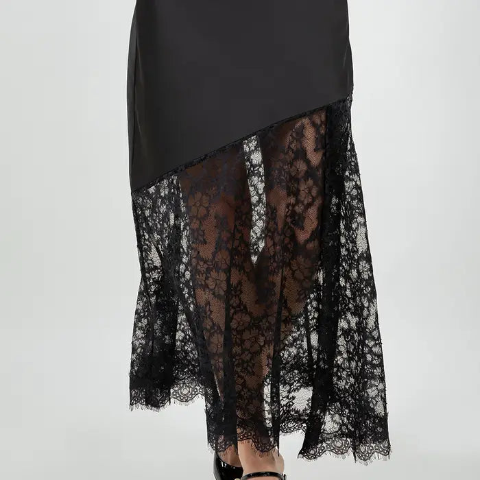 Satin Lace Combo Midi Skirt - Black