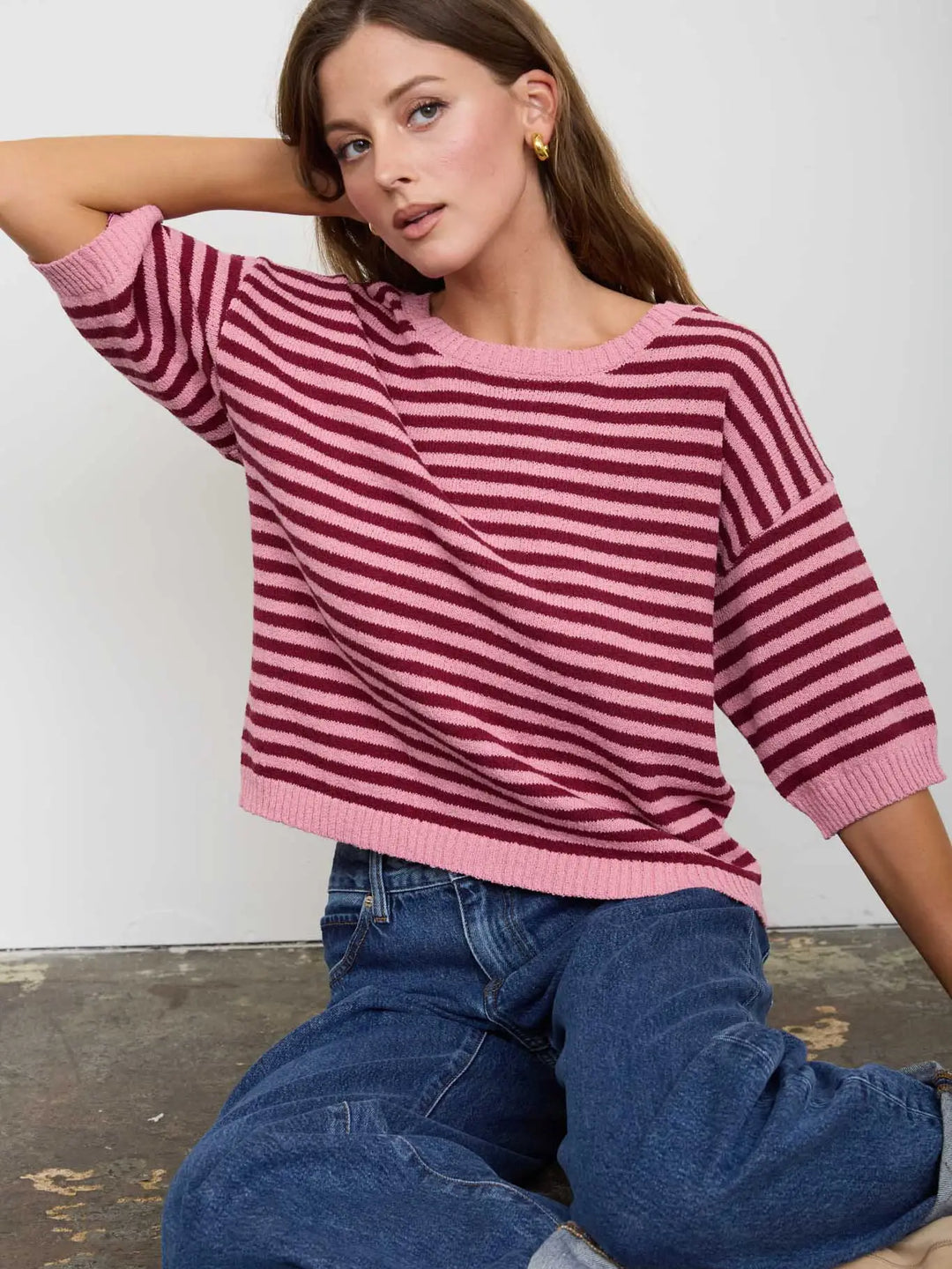 Stripe Contrast Trim Short Sleeve Knit Sweater