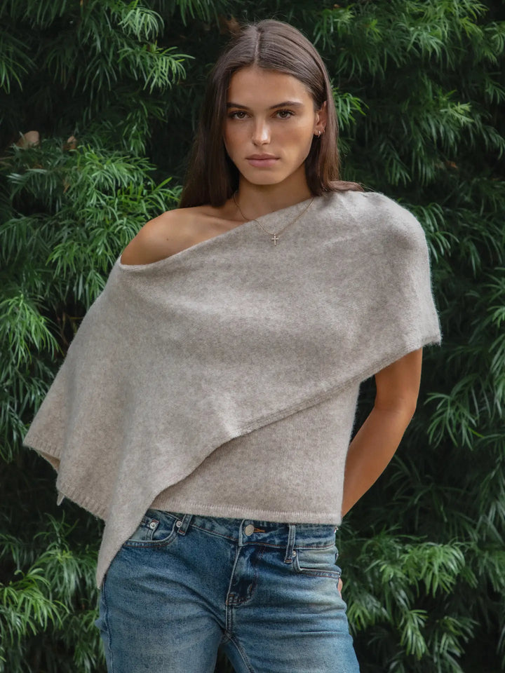 Ainsley Off Shoulder Asymmetric Knit Poncho Sweater
