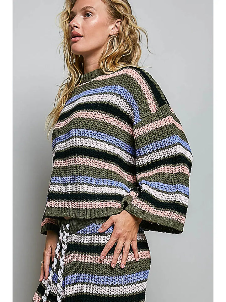 Striped Pattern Round Neck Chenille Sweater Pullover Top