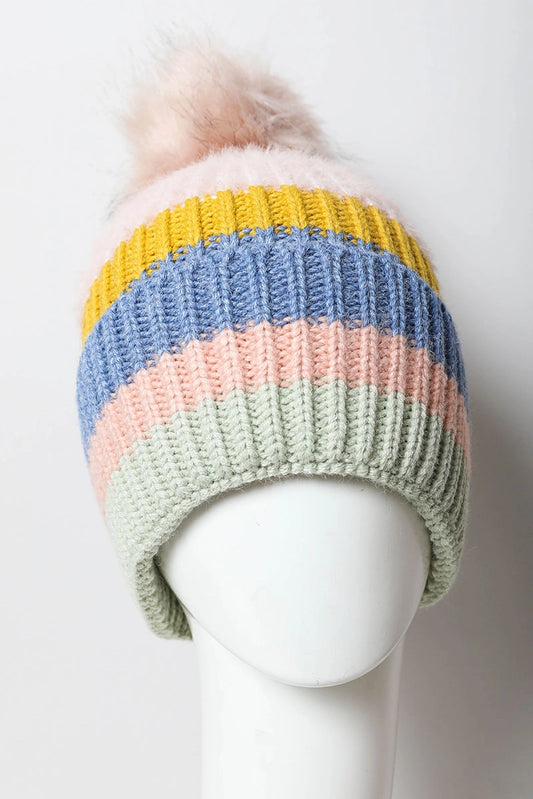 Multi Pastel Stripe Knit Pom Beanie