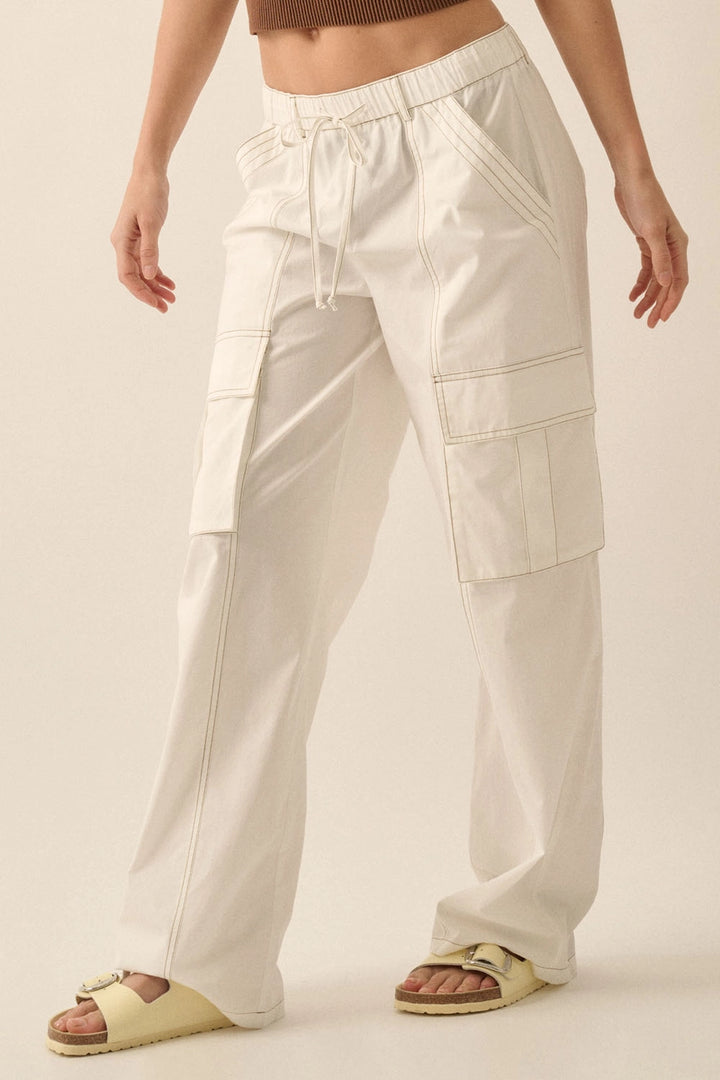 Solid High-Waist Contrast-Stitch Cargo Pants