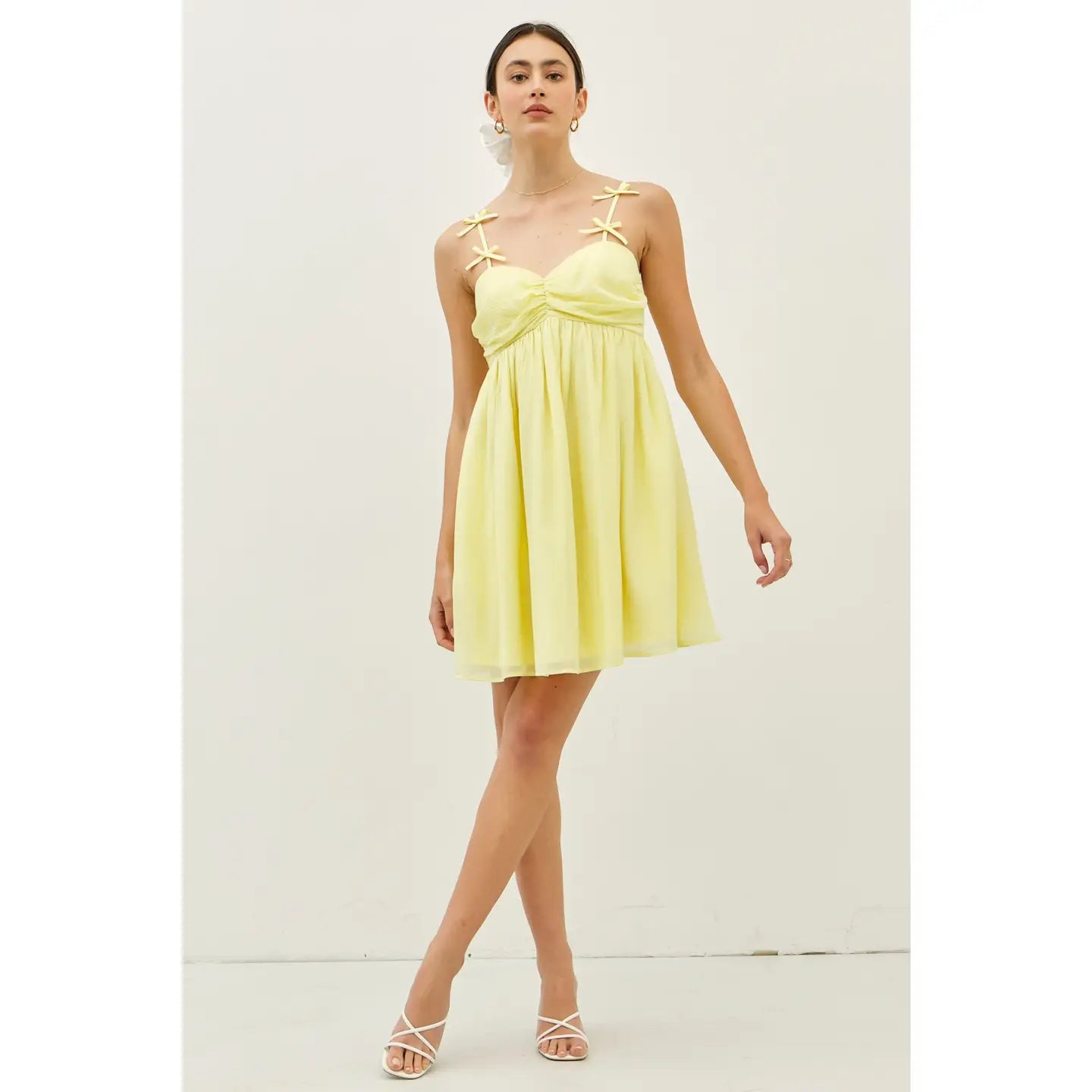 Lemon Woven Babydoll Mini Dress with Bow Detail