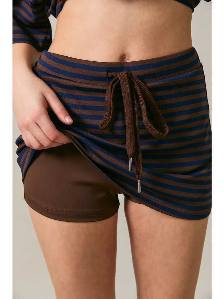 Blue/Brown Striped Mid Rise Skort