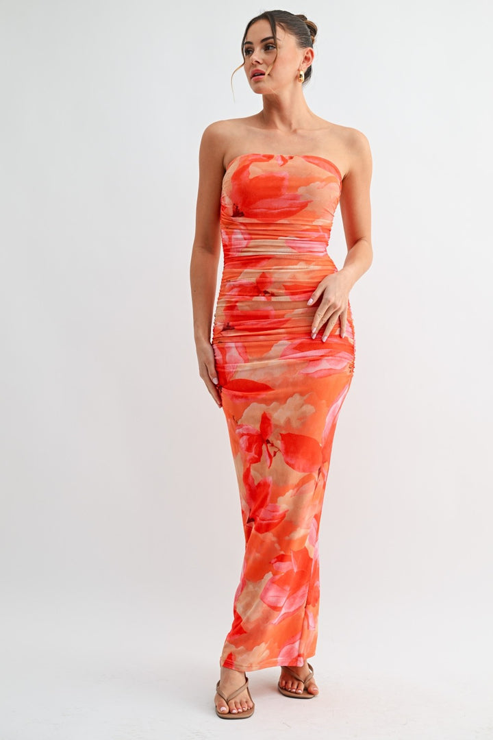 Sunset Bloom Ruched Strapless Maxi Dress