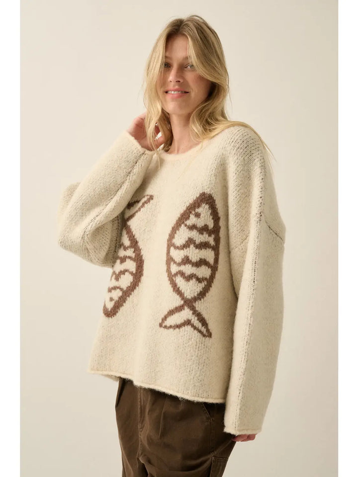 Fish Jacquard-Knit Drop-Shoulder Rolled-Edge Sweater
