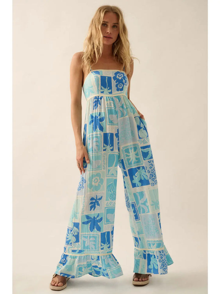 Tropical Floral Ruffled Wide-Leg Cami Jumpsuit