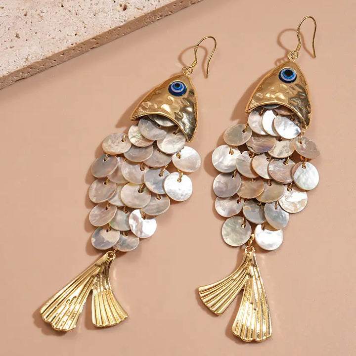 Fish-Shaped Shell Tassel Earrings