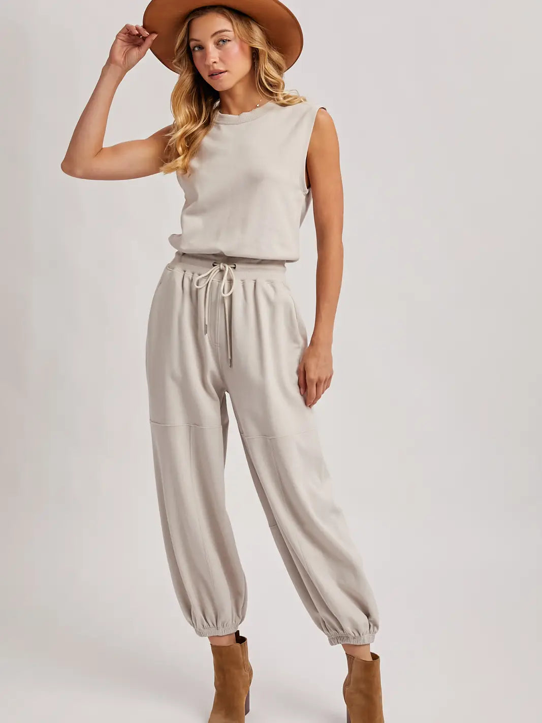 Cream Drawstring Waist Sleeveless Knit Active Jumpsuit