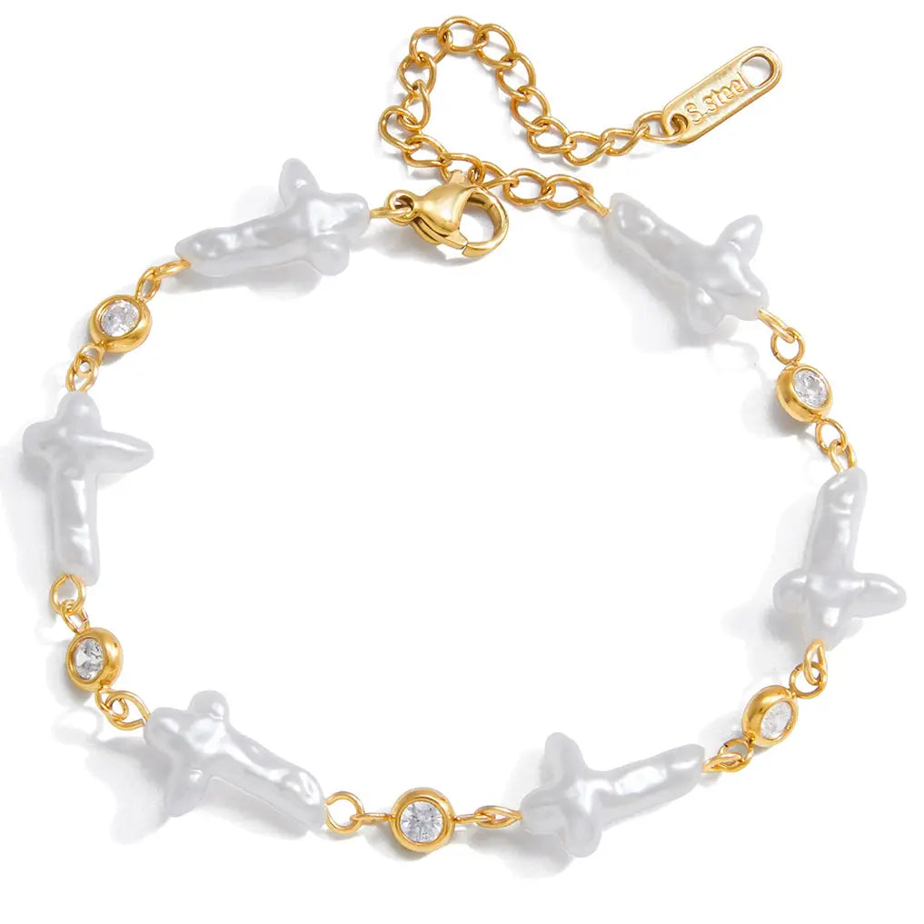 Pearl Cross Cz Bracelet Water Resistant