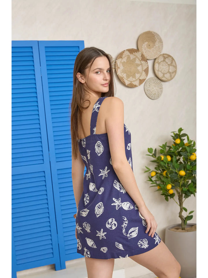 Nautical Motif Sleeveless Linen Midi Dress