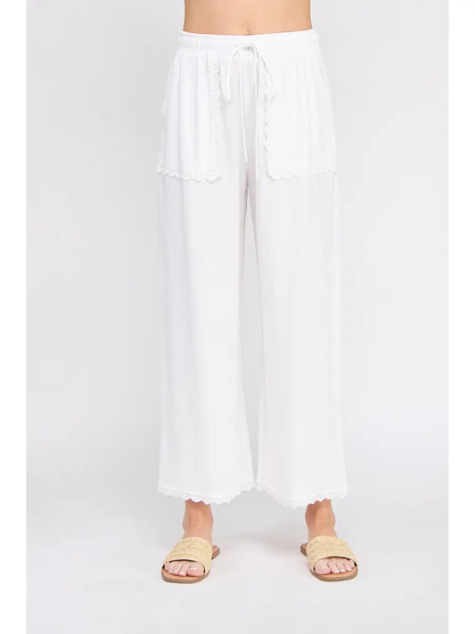 Linen Blend Elastic Tie-Waist, Wide Leg Pant