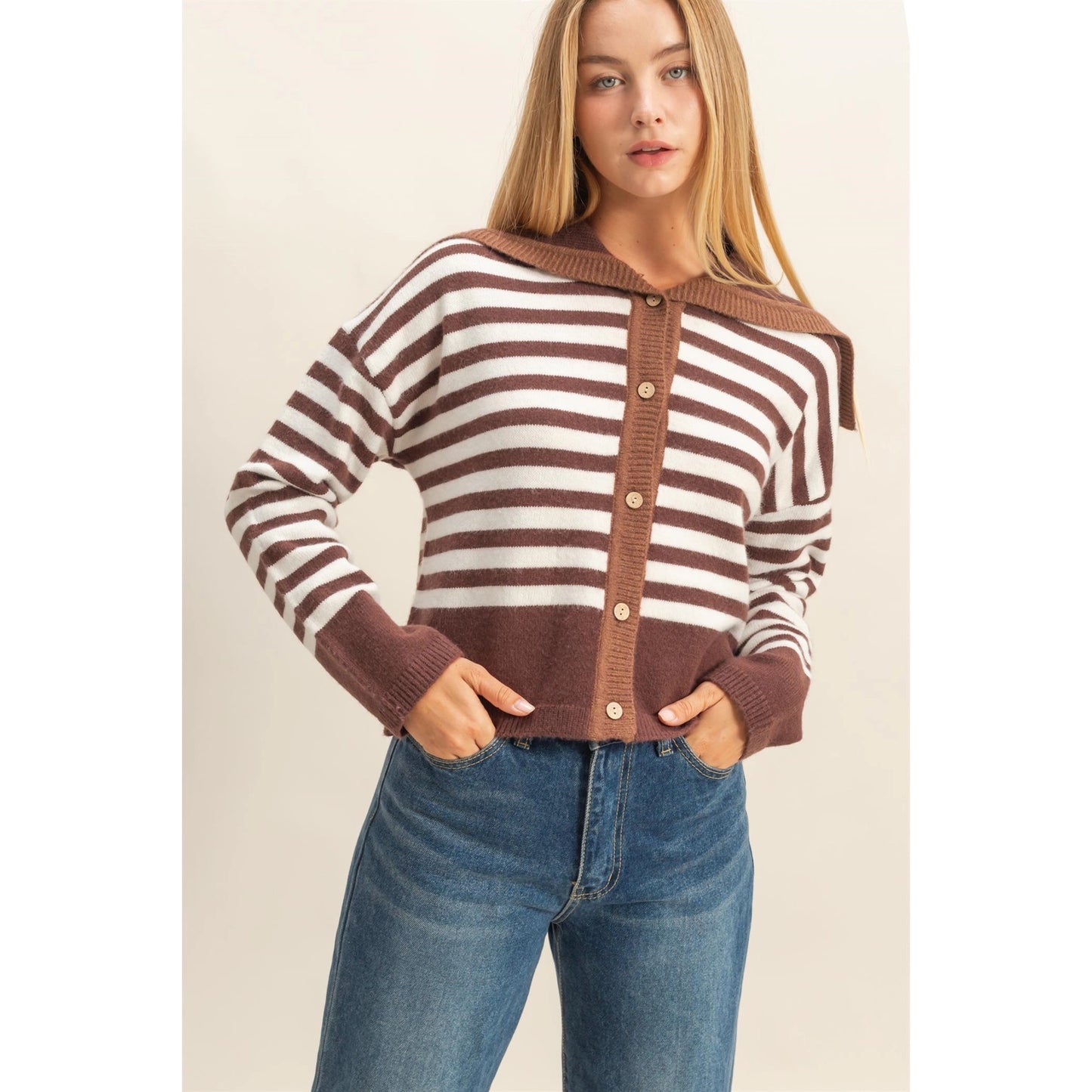 Striped Button-Up Sailor Collar Sweater