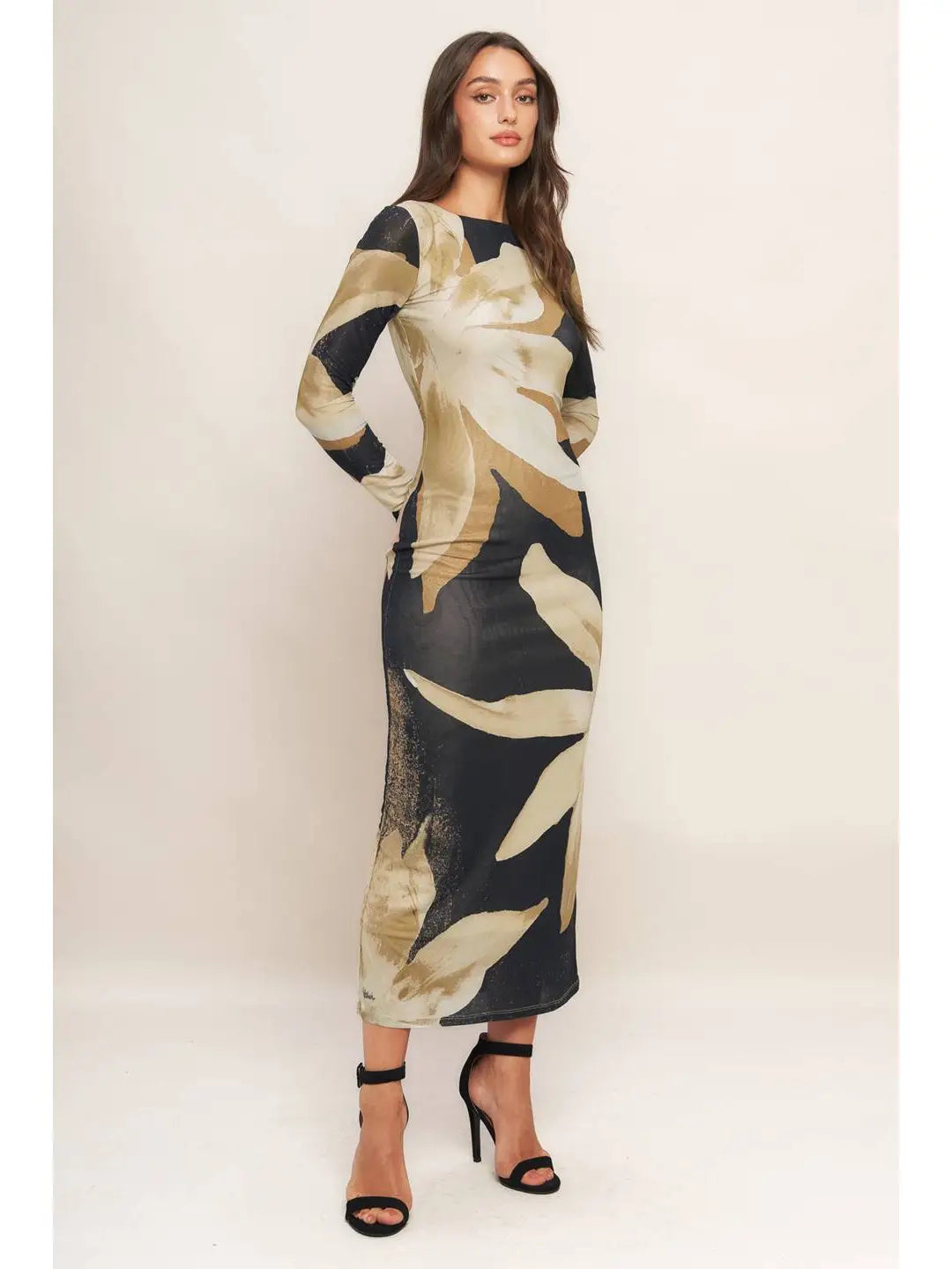 A Printed Power Mesh Midi Dress