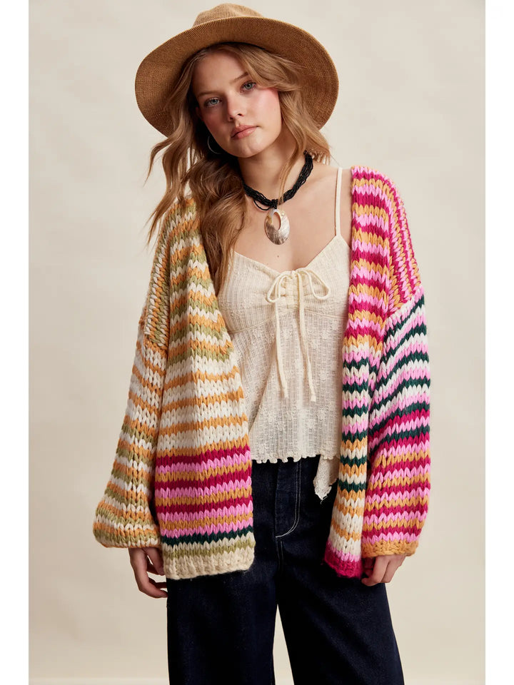 Chunky Multi Stripe Knit Cardigan