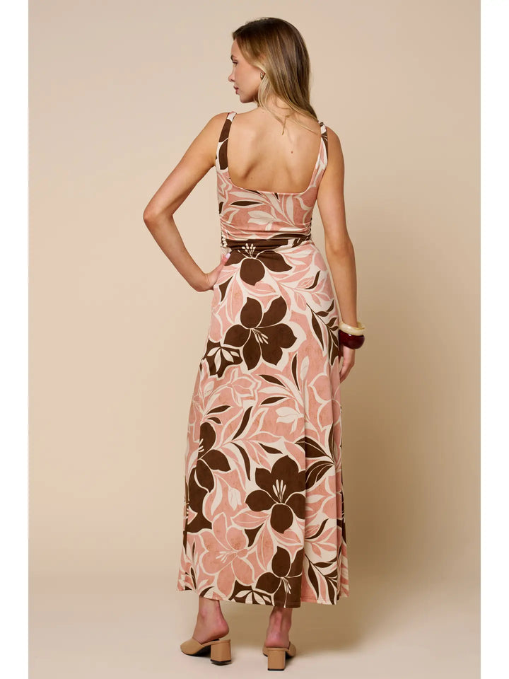 Floral Ruched Square Neck Maxi Dress