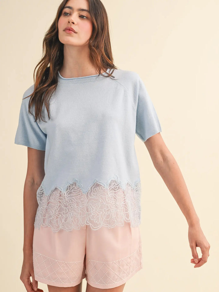 Lace Trim Round Neck Short Sleeve Sweater Top
