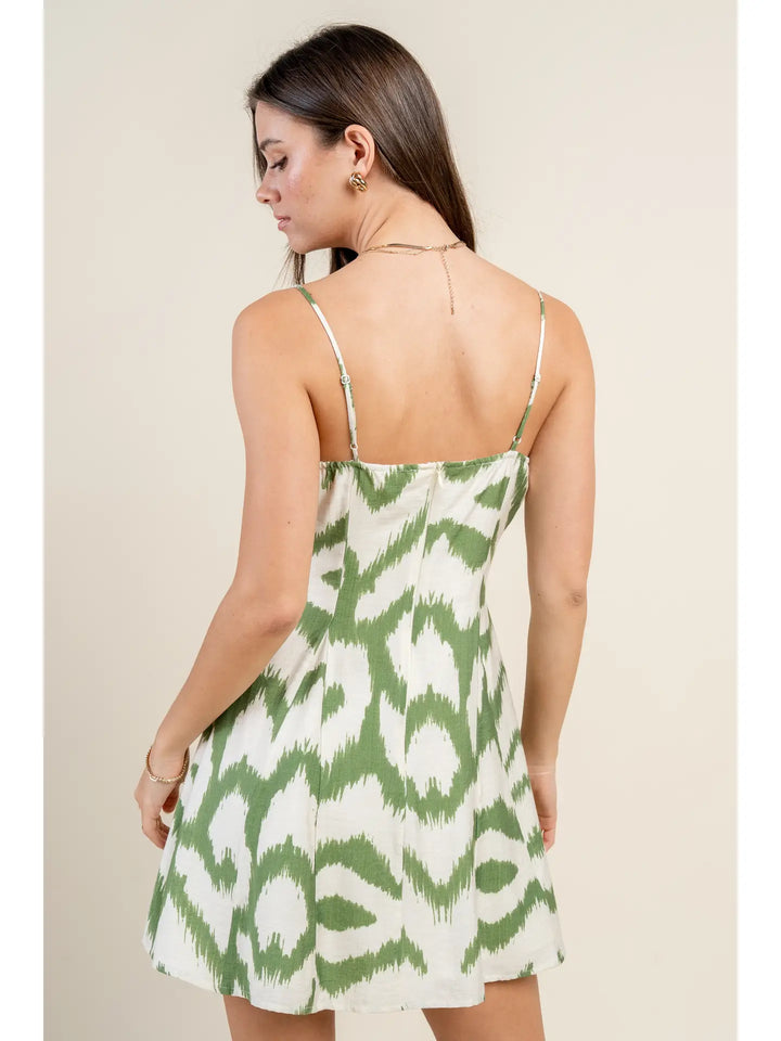 Green Abstract Poly Linen Print Mini Dress