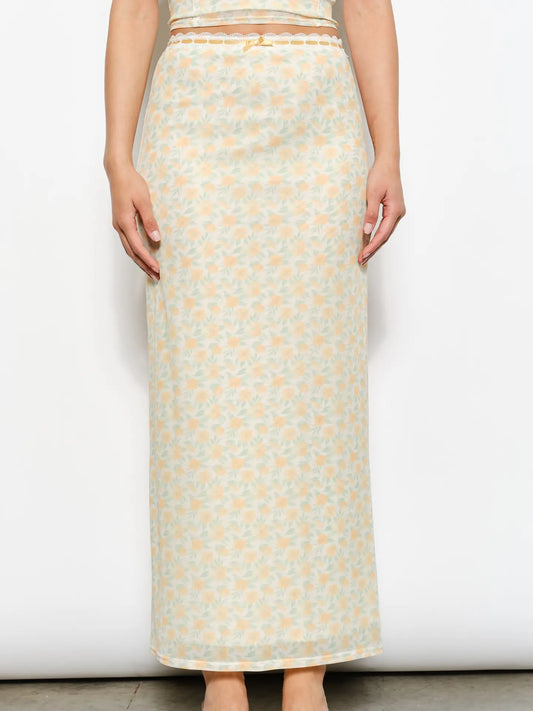 Lace Trim Floral Mesh Maxi Skirt