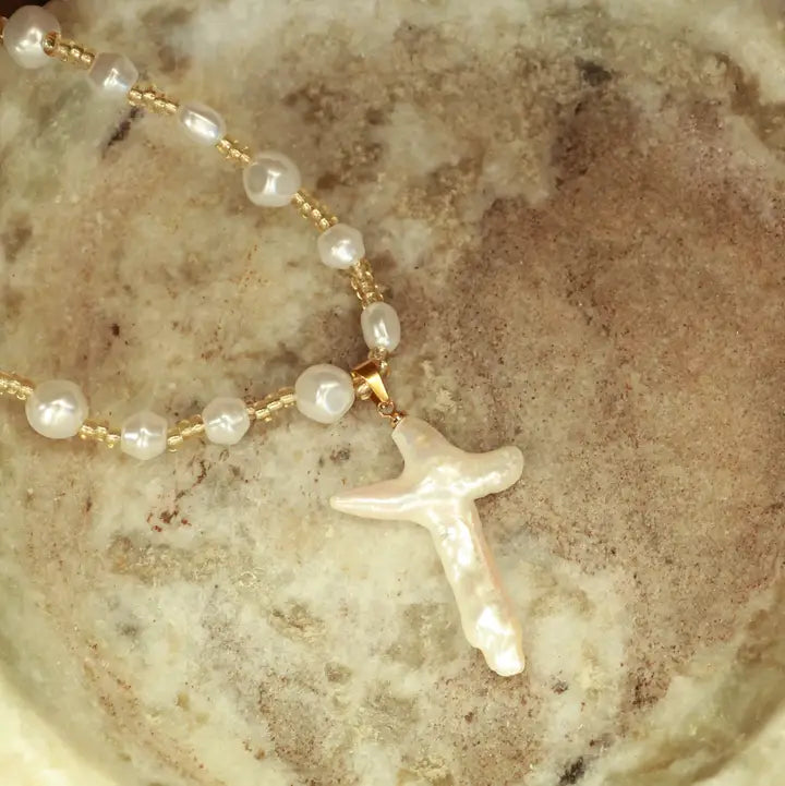 Heavenly Pearl Cross Necklace