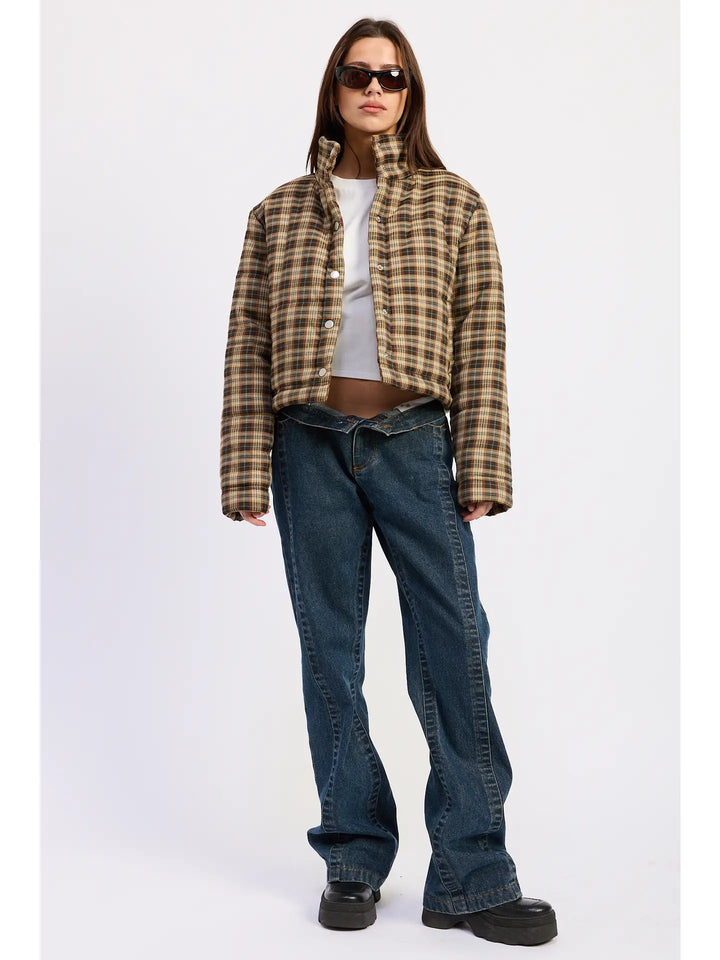 Collared Plaid Puffer Jacket