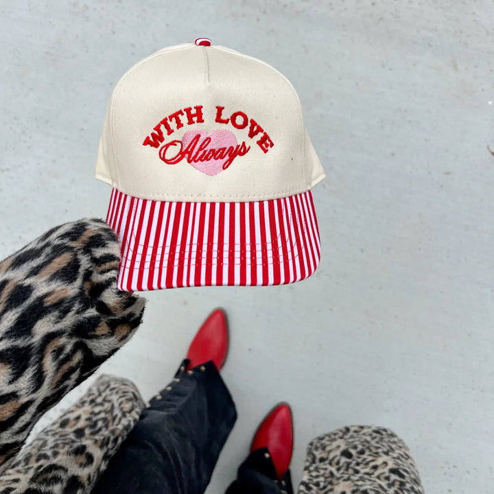 With Love Always Red Striped Embroidered Hat Valentine's Day