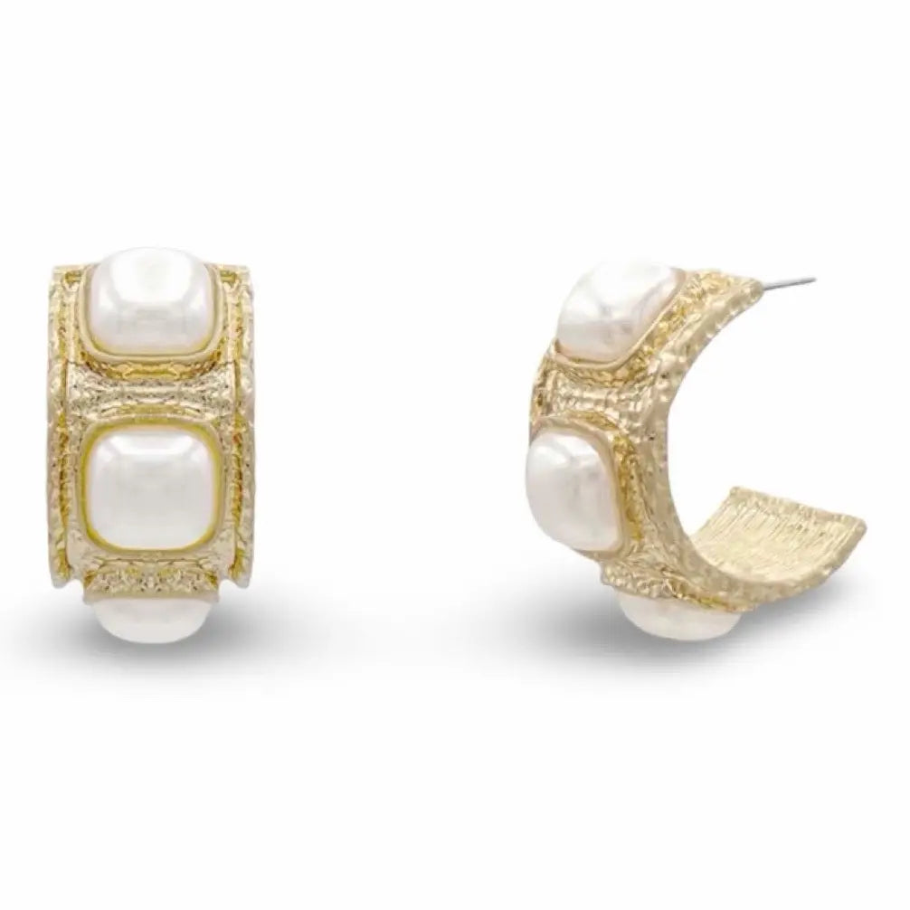 Vintage Gold and Cream Pearl Statement Hoop Earring