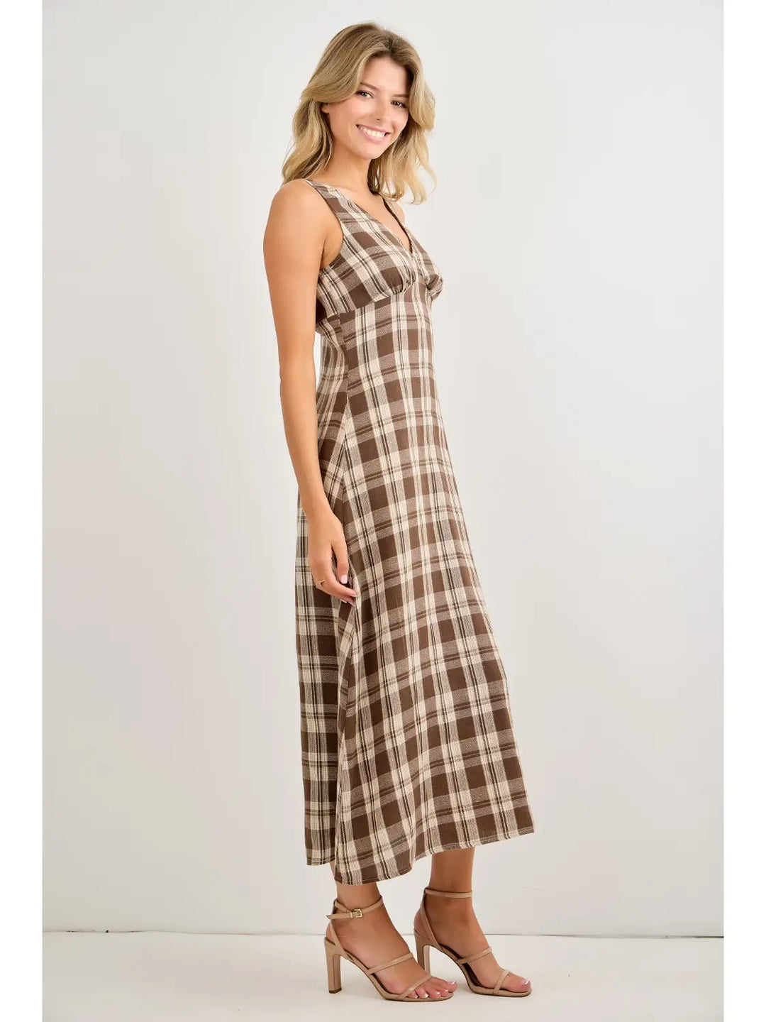Plaid V-Neck Sleeveless Midi Dress