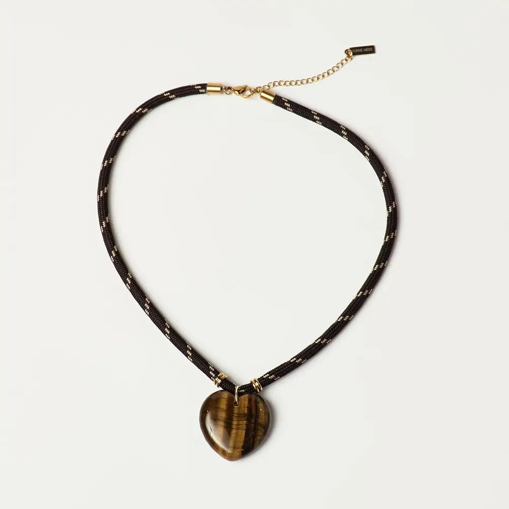 Heart Cord Necklace - Brown/Tiger's Eye