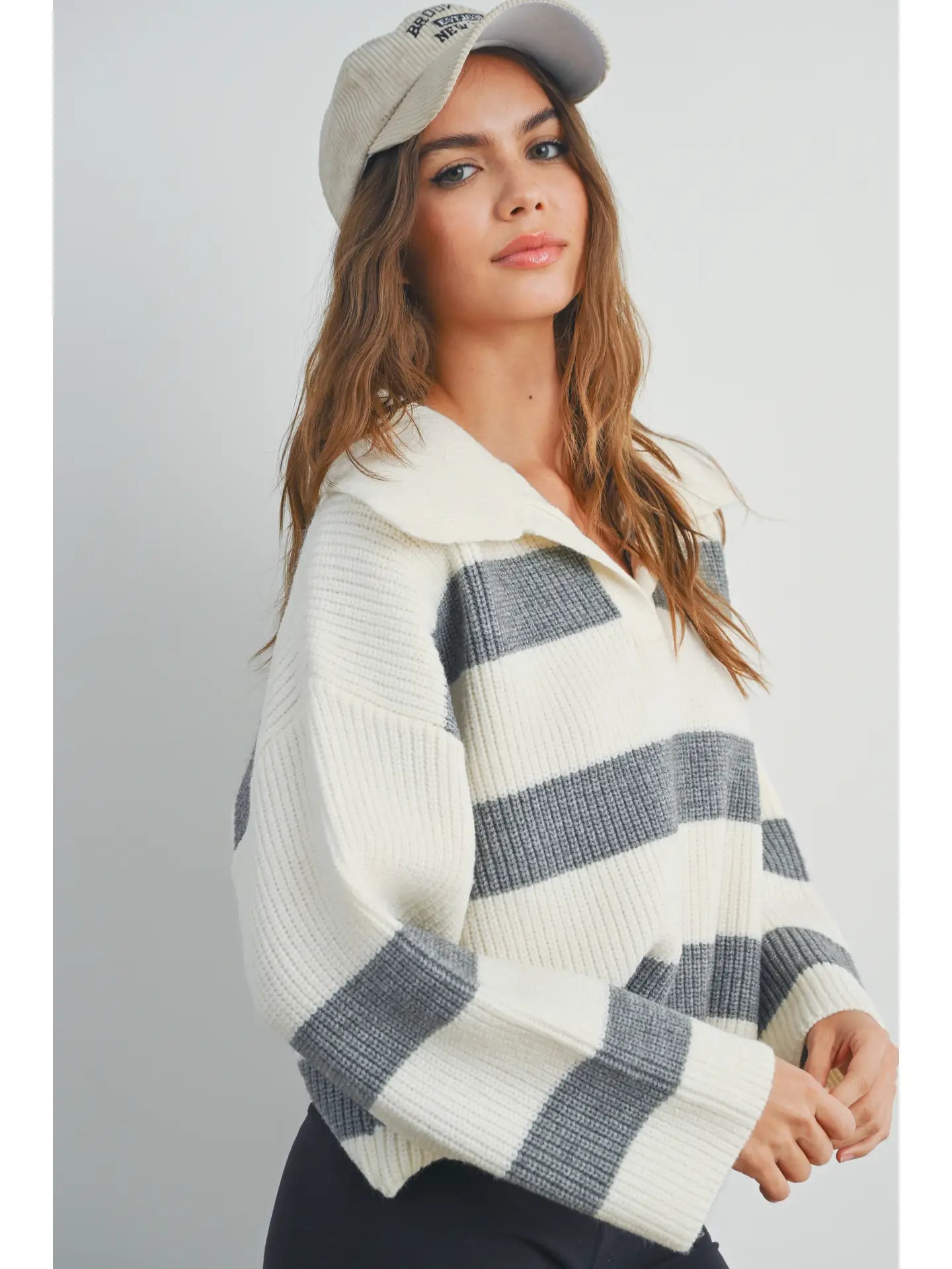Stripe Drop Shoulder with Wide Collar Sweater