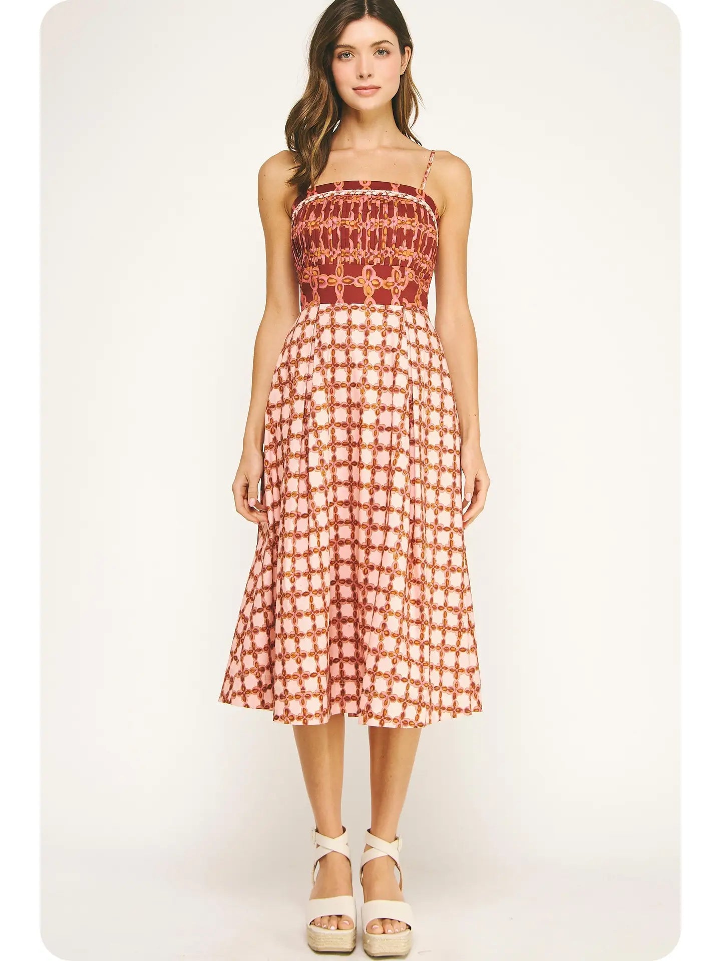 Braid Detail Chainlink Printed Block Midi Dress