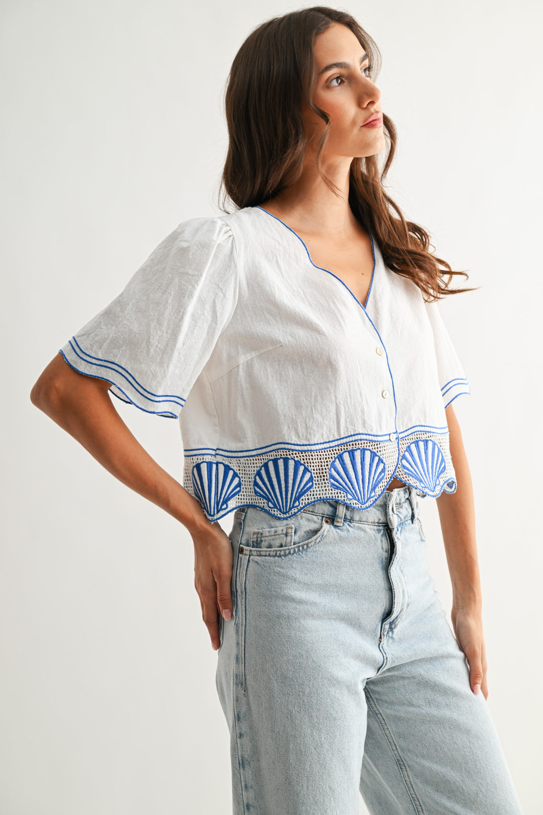 Cotton Crop Top With Shell Embroidered