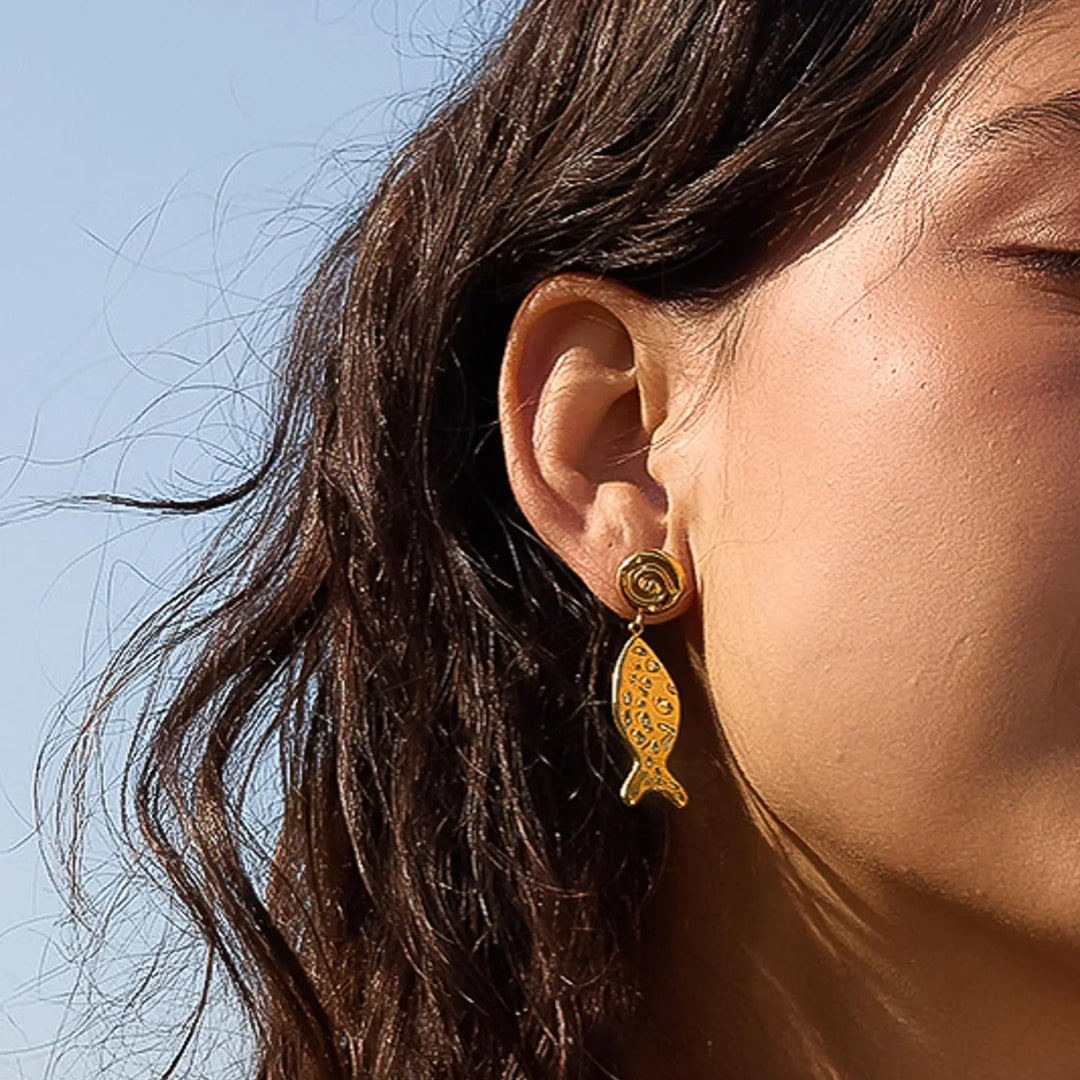Lumistar 18K Gold Non-Tarnish Textured Fish Drop Earrings