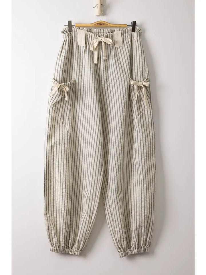Bow Detail Stripe Textured Woven Pants