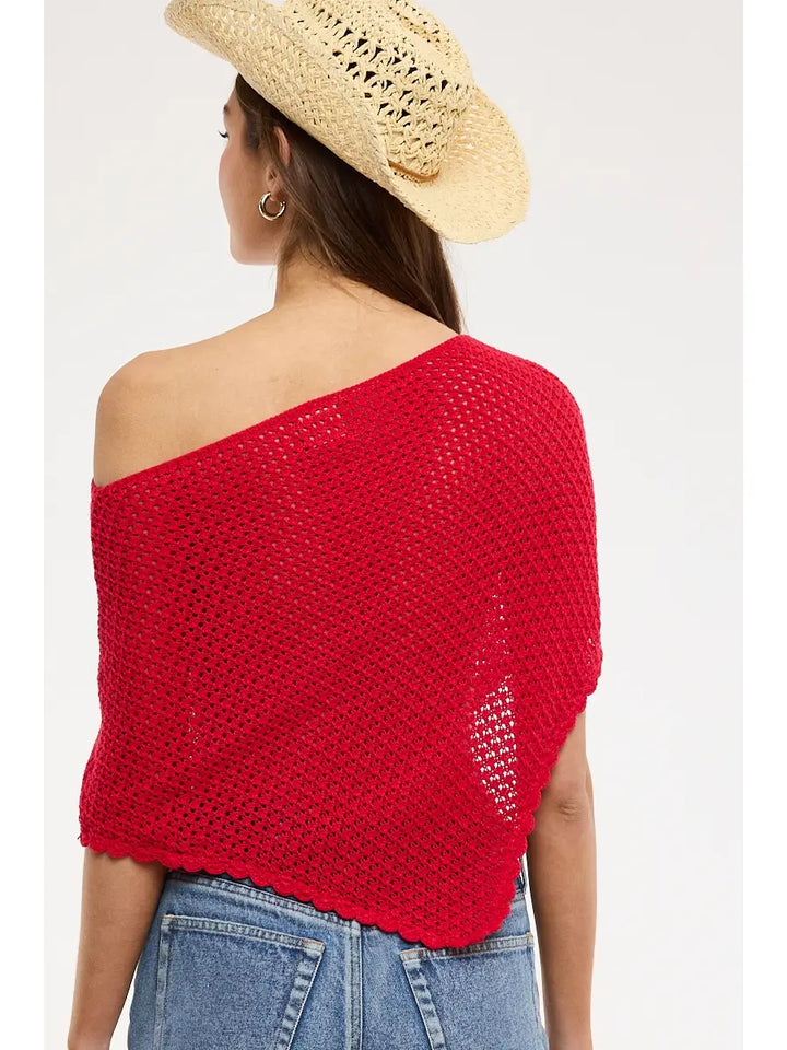 Net Knit Solid Color One Shoulder Crochet Poncho