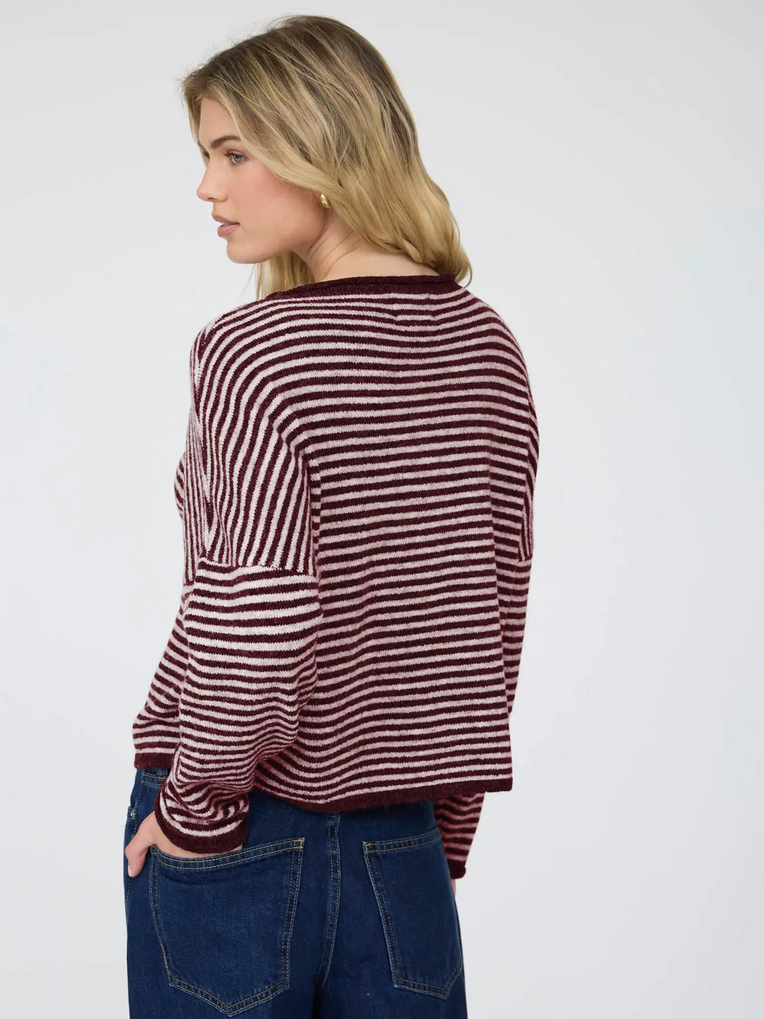 Stripe Raw Edge Drop Shoulder Knit Cardigan