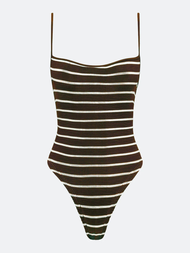BALBOA THIN STRAP ONE PIECE - CHOCOLATE BROWN STRIPED | Elysiian Swim