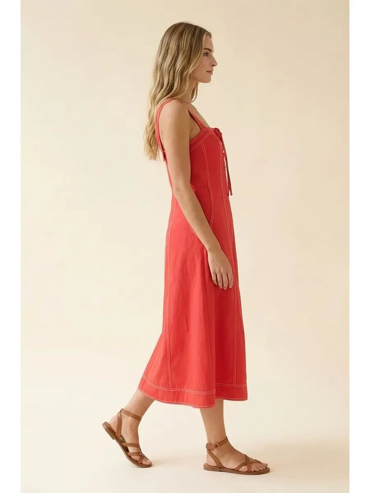 Red Contrast Top Stitch & Button Detail Strap Midi Dress