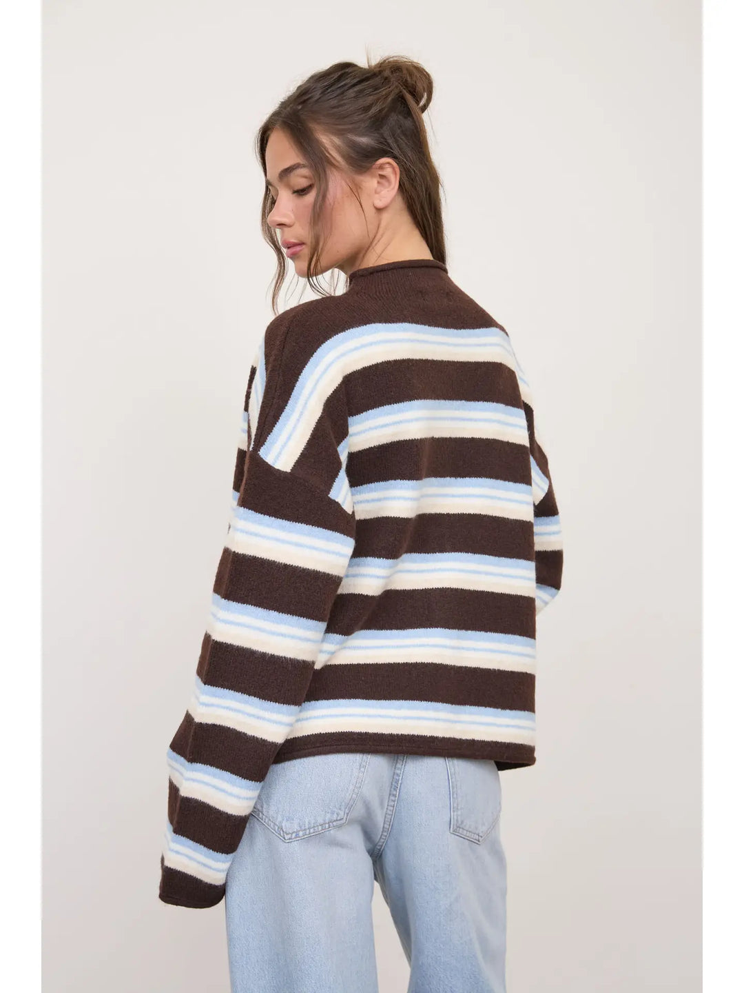 Multi-Color Stripe Rolled Neck Knit Cardigan